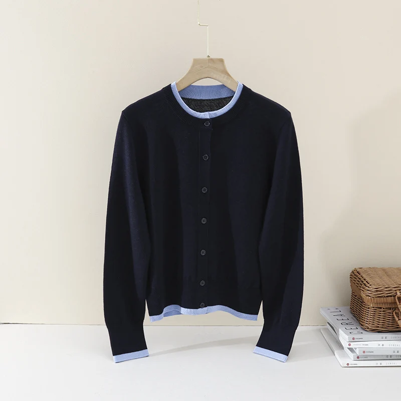 Damen Leichter Feinstrick-Cardigan mit Rundhals, Kontrastbündchen und durchgehender Knopfleiste Drune
