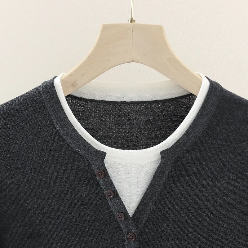 Damen Layer-Look Feinstrick-Longsleeve mit Henley-Knopfleiste Drune