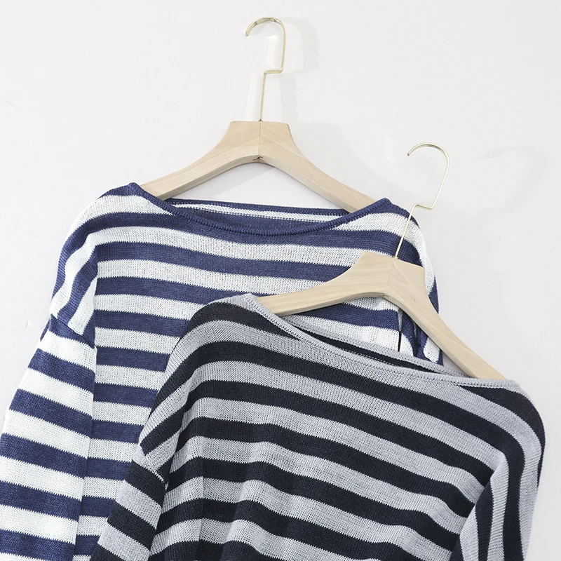 Damen lässiger Oversize Strickpullover mit U-Boot-Ausschnitt und maritimen Querstreifen Drune