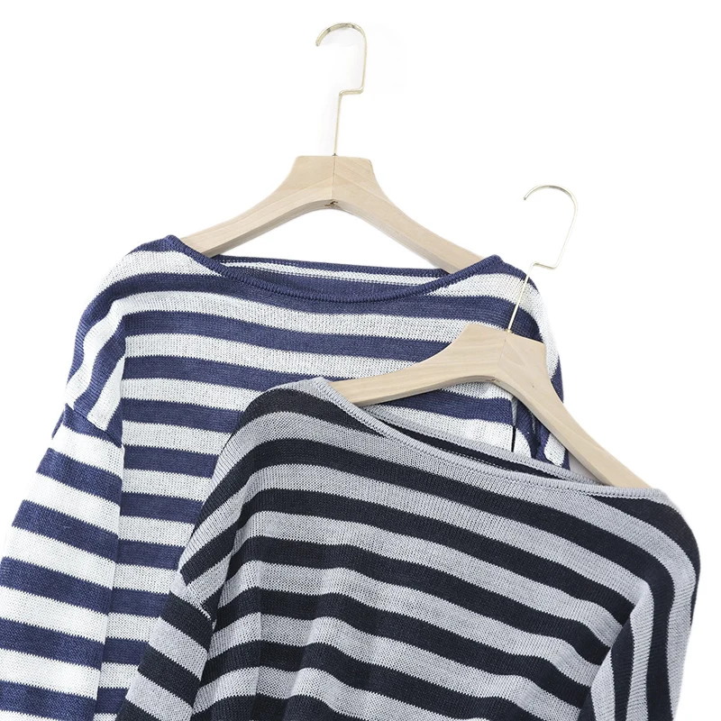 Damen lässiger Oversize Strickpullover mit U-Boot-Ausschnitt und maritimen Querstreifen Drune