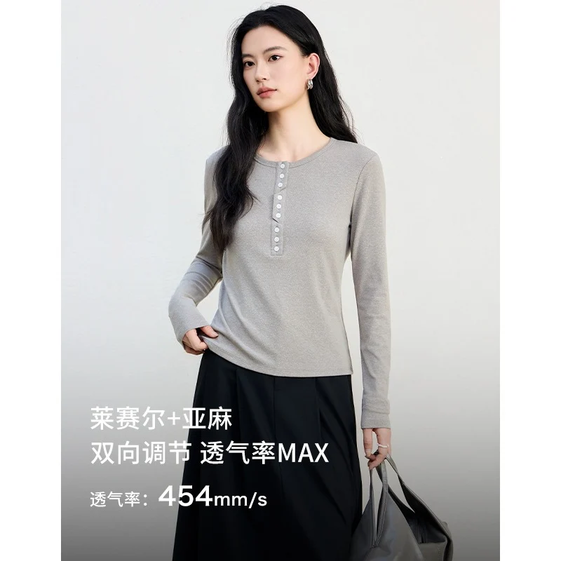 Damen Langärmeliges Henley-Shirt aus feinem Jersey mit dekorativer Knopfleiste Drune