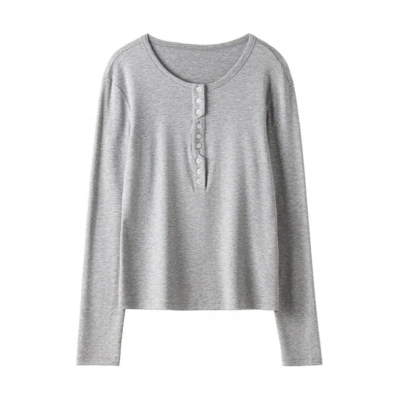 Damen Langärmeliges Henley-Shirt aus feinem Jersey mit dekorativer Knopfleiste Drune