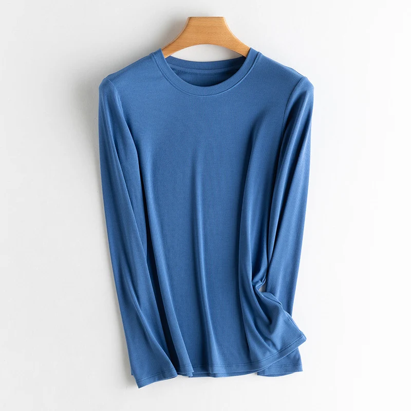 Damen Langarm-Feinrippshirt aus weichem Modal-Baumwollmix mit Rundhalsausschnitt Drune