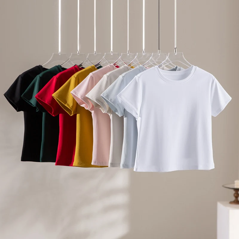 Damen Kurzgeschnittenes Boxy-T-Shirt aus weichem Baumwollstretch mit Rundhalsausschnitt Drune
