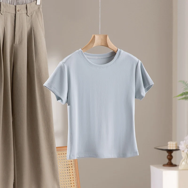 Damen Kurzgeschnittenes Boxy-T-Shirt aus weichem Baumwollstretch mit Rundhalsausschnitt Drune
