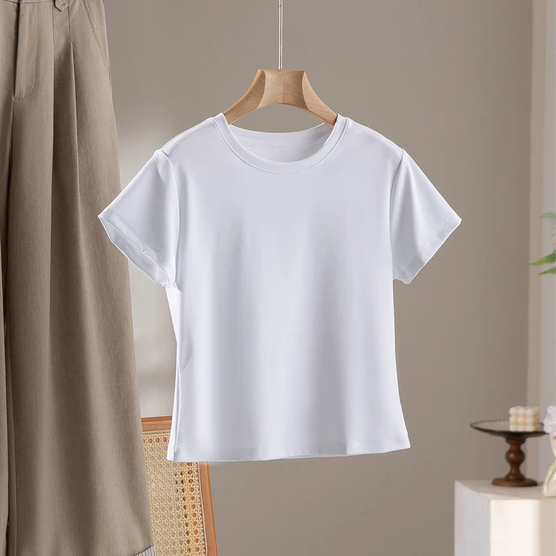 Damen Kurzgeschnittenes Boxy-T-Shirt aus weichem Baumwollstretch mit Rundhalsausschnitt Drune