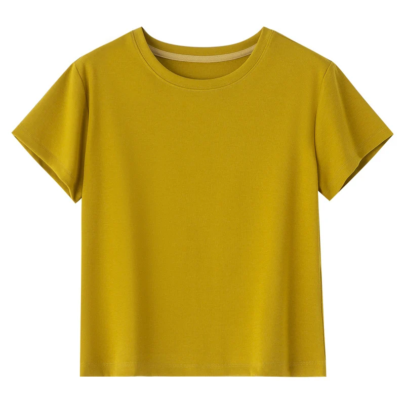 Damen Kurzgeschnittenes Boxy-T-Shirt aus weichem Baumwollstretch mit Rundhalsausschnitt Drune