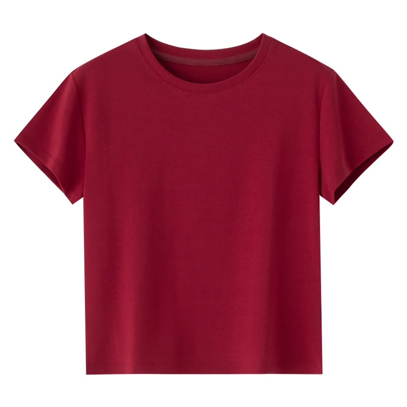 Damen Kurzgeschnittenes Boxy-T-Shirt aus weichem Baumwollstretch mit Rundhalsausschnitt Drune