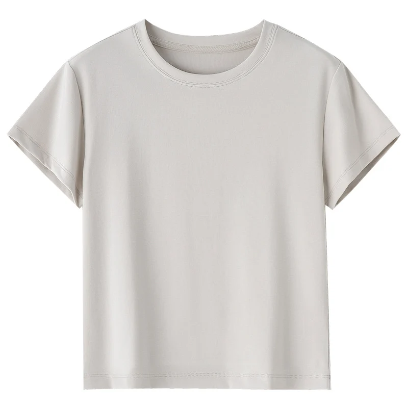 Damen Kurzgeschnittenes Boxy-T-Shirt aus weichem Baumwollstretch mit Rundhalsausschnitt Drune