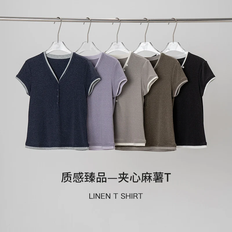 Damen Kurzärmeliges V-Ausschnitt-Henley-Shirt aus Stretch-Jersey mit feiner Knopfleiste Drune