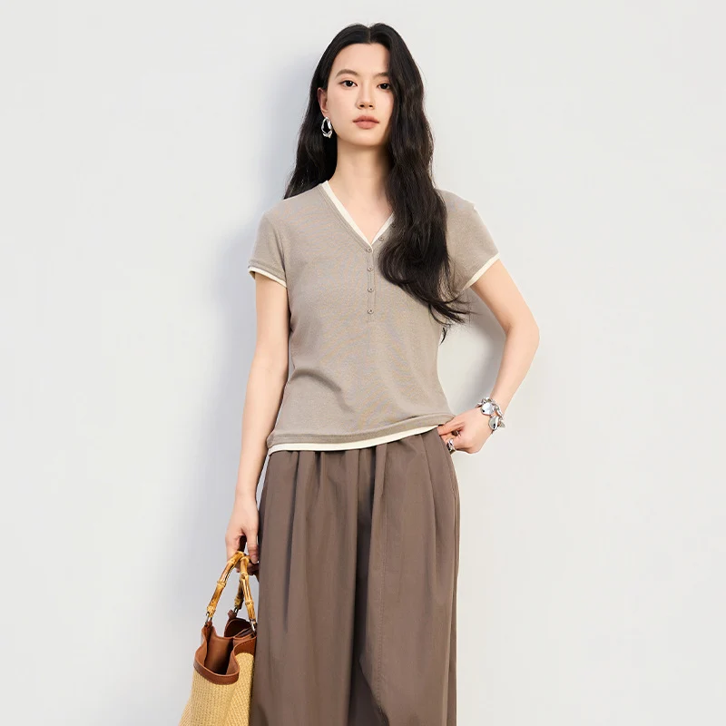 Damen Kurzärmeliges V-Ausschnitt-Henley-Shirt aus Stretch-Jersey mit feiner Knopfleiste Drune