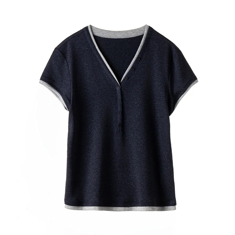 Damen Kurzärmeliges V-Ausschnitt-Henley-Shirt aus Stretch-Jersey mit feiner Knopfleiste Drune