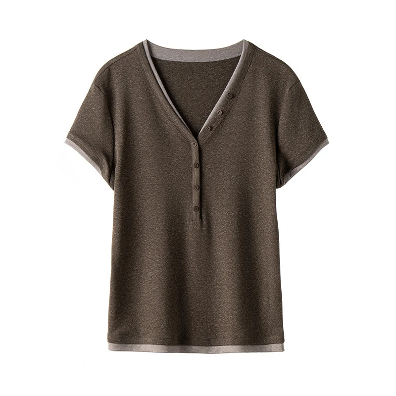 Damen Kurzärmeliges V-Ausschnitt-Henley-Shirt aus Stretch-Jersey mit feiner Knopfleiste Drune
