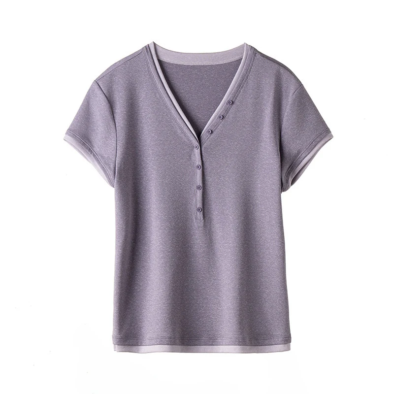 Damen Kurzärmeliges V-Ausschnitt-Henley-Shirt aus Stretch-Jersey mit feiner Knopfleiste Drune