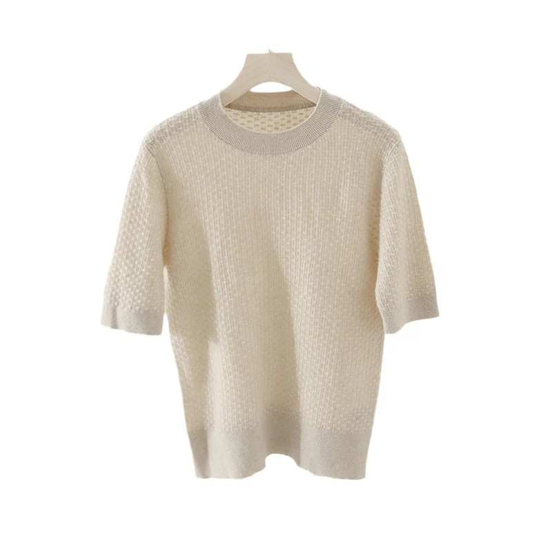 Damen Kurzärmeliges Feinstrickshirt mit Ajourstruktur und geripptem Saum Drune