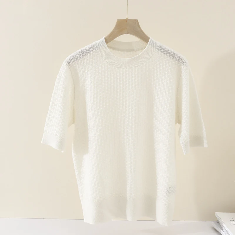 Damen Kurzärmeliges Feinstrickshirt mit Ajourstruktur und geripptem Saum Drune
