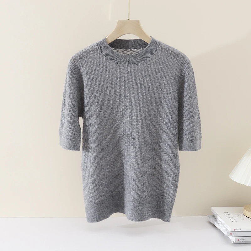 Damen Kurzärmeliges Feinstrickshirt mit Ajourstruktur und geripptem Saum Drune