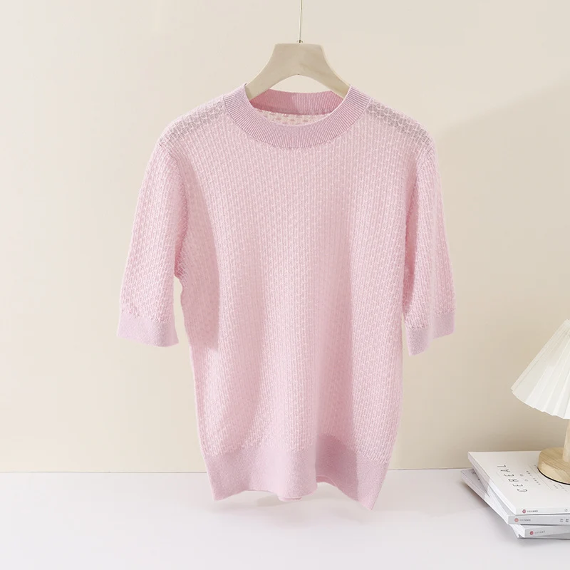Damen Kurzärmeliges Feinstrickshirt mit Ajourstruktur und geripptem Saum Drune