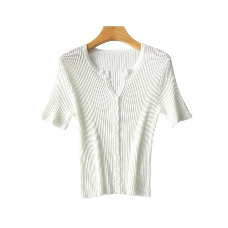Damen Kurzärmeliger gerippter Knopfcardigan aus Feinstrick Drune
