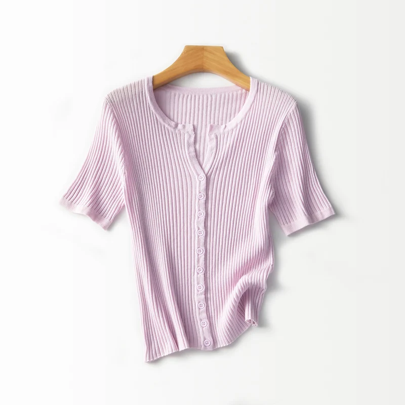 Damen Kurzärmeliger gerippter Knopfcardigan aus Feinstrick Drune