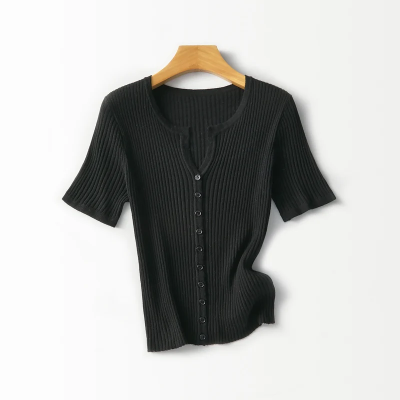 Damen Kurzärmeliger gerippter Knopfcardigan aus Feinstrick Drune