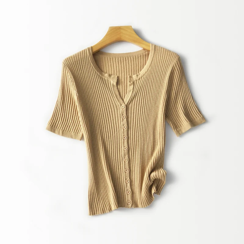 Damen Kurzärmeliger gerippter Knopfcardigan aus Feinstrick Drune