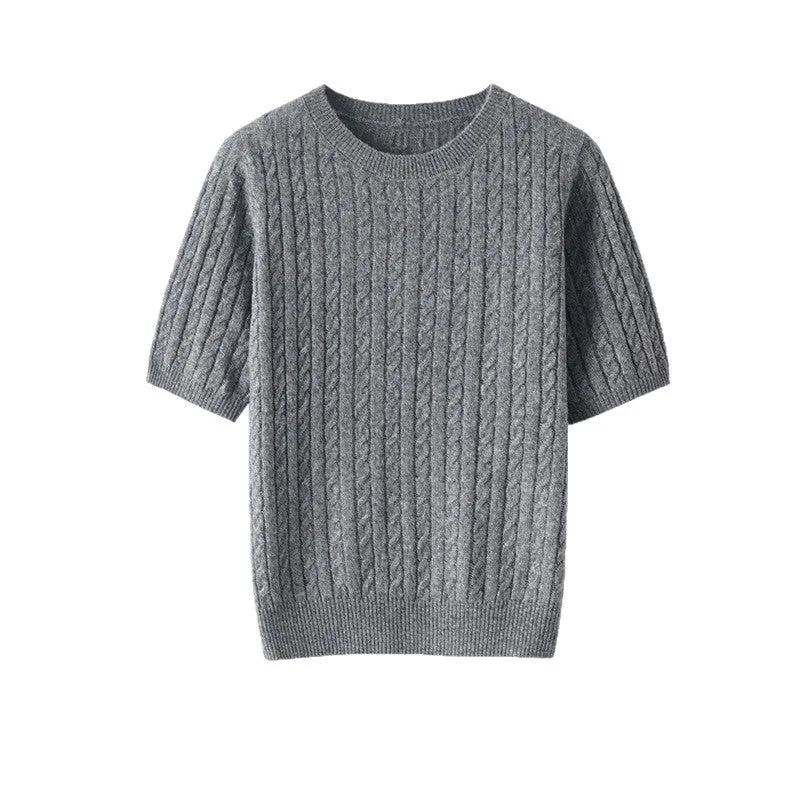Damen Kurzarm-Strickpullover mit Zopfmuster und feinem Rundhalsausschnitt Drune
