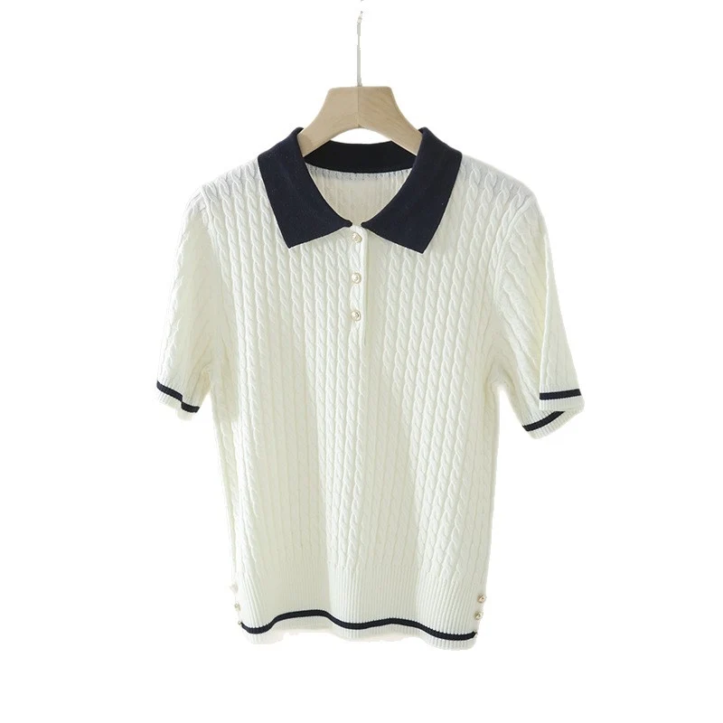 Damen Kurzarm Strickpoloshirt mit Zopfmuster und Kontrastkragen Drune