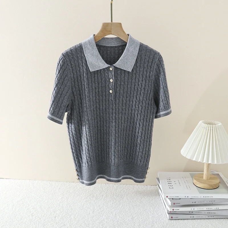 Damen Kurzarm Strickpoloshirt mit Zopfmuster und Kontrastkragen Drune