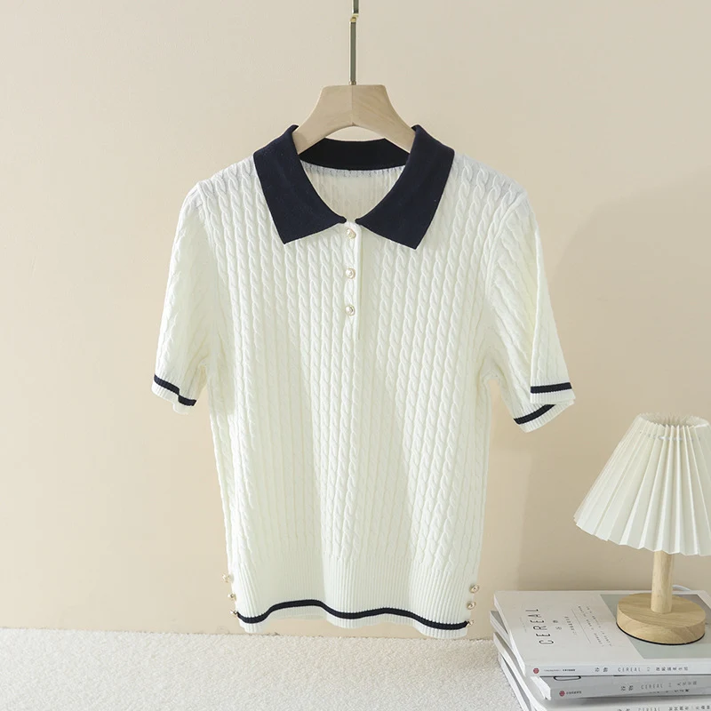 Damen Kurzarm Strickpoloshirt mit Zopfmuster und Kontrastkragen Drune