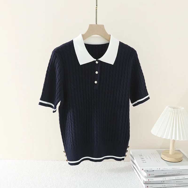 Damen Kurzarm Strickpoloshirt mit Zopfmuster und Kontrastkragen Drune