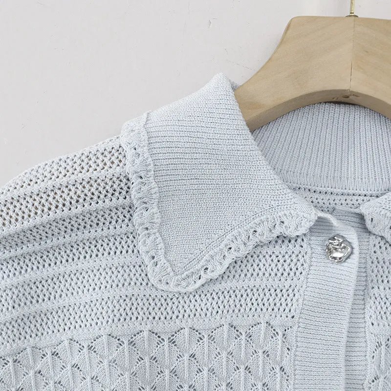 Damen Kurzarm-Strickjacke mit Peter-Pan-Kragen und Ajourmuster Drune