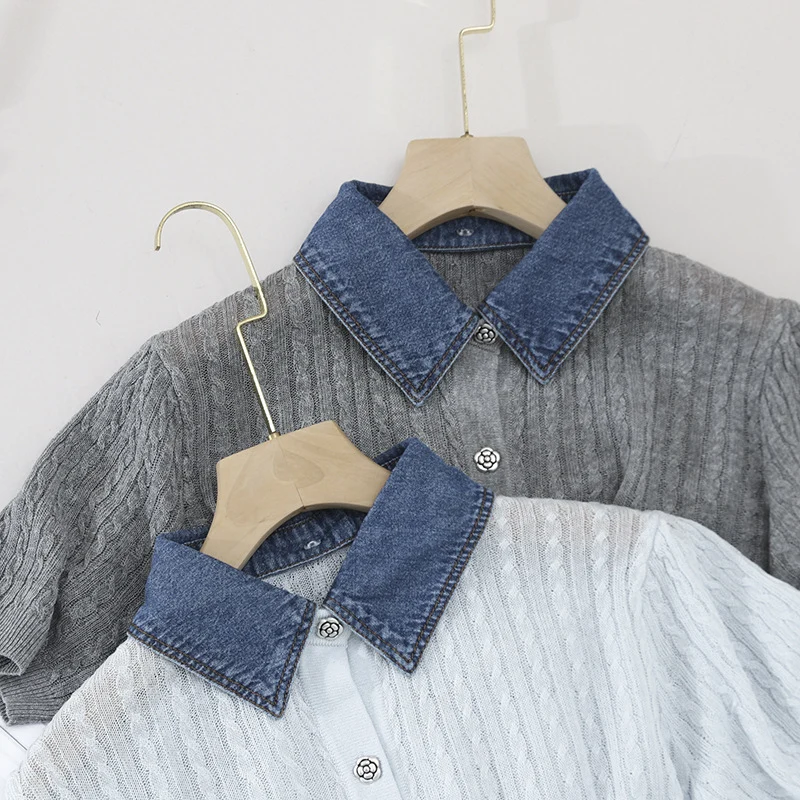 Damen Kurzarm-Strickcardigan mit Zopfmuster und kontrastierendem Jeanskragen Drune