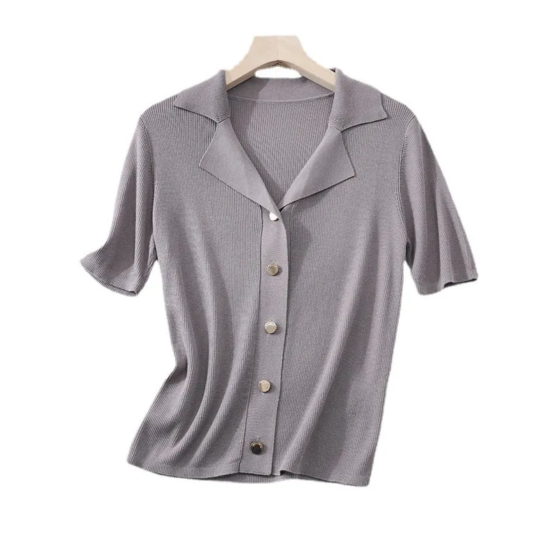 Damen Kurzarm-Rippenstrick-Cardigan mit Reverskragen und Zierknopfleiste Drune