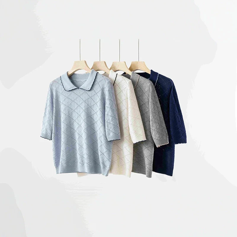 Damen Kurzarm-Feinstrickpullover mit Peter-Pan-Kragen, Ajour-Diamantmuster und feiner Kontrastkante Drune