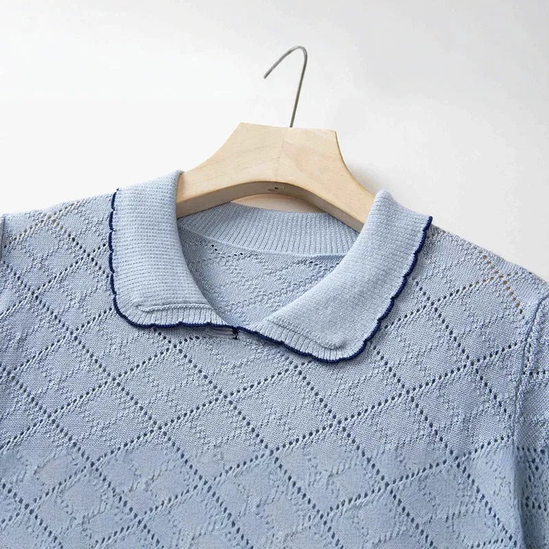 Damen Kurzarm-Feinstrickpullover mit Peter-Pan-Kragen, Ajour-Diamantmuster und feiner Kontrastkante Drune