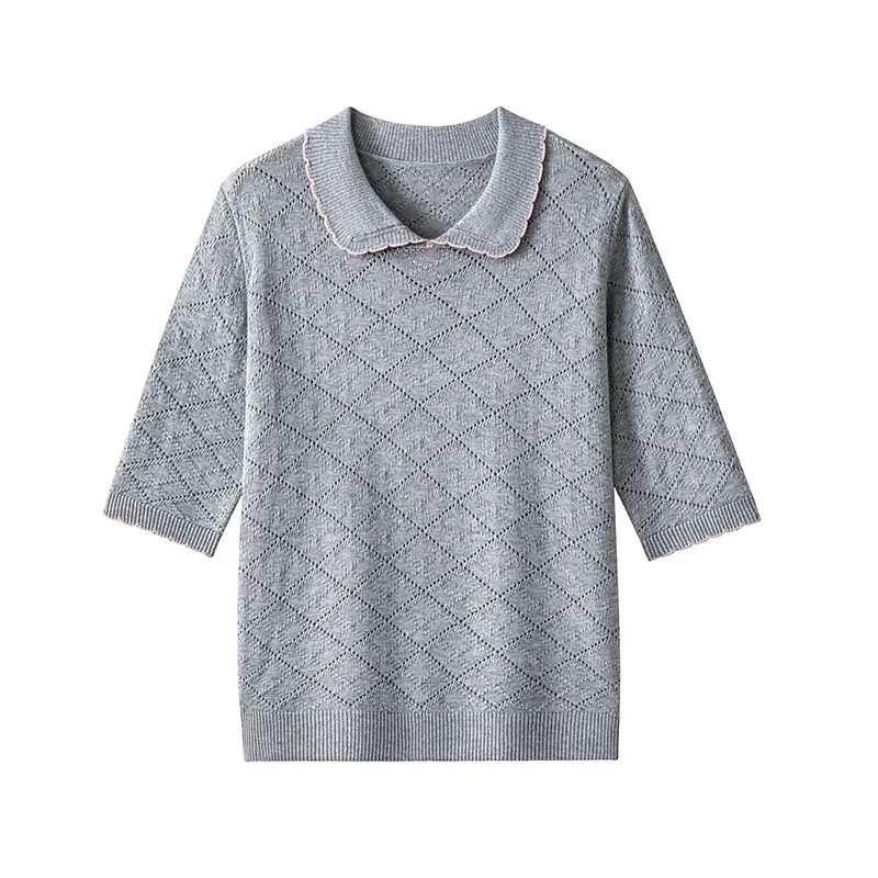 Damen Kurzarm-Feinstrickpullover mit Peter-Pan-Kragen, Ajour-Diamantmuster und feiner Kontrastkante Drune