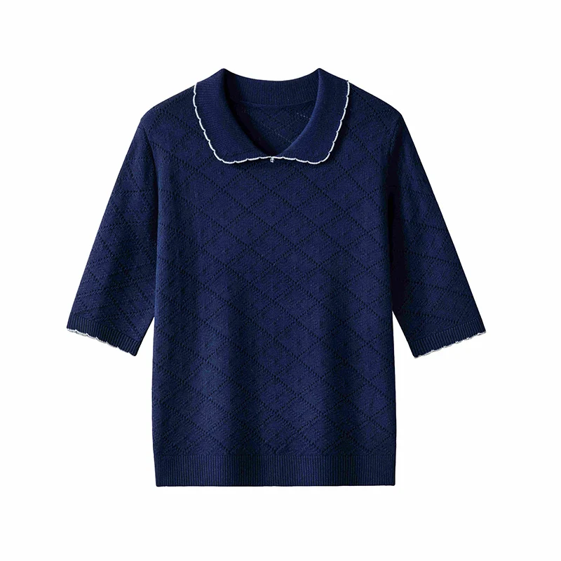 Damen Kurzarm-Feinstrickpullover mit Peter-Pan-Kragen, Ajour-Diamantmuster und feiner Kontrastkante Drune