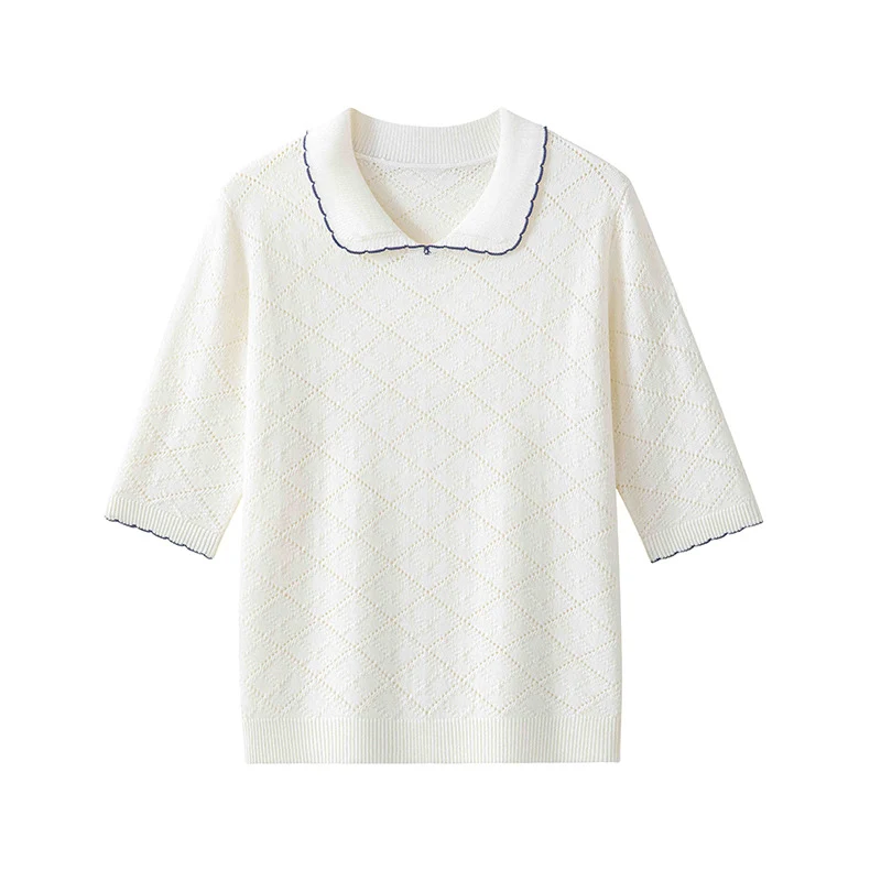 Damen Kurzarm-Feinstrickpullover mit Peter-Pan-Kragen, Ajour-Diamantmuster und feiner Kontrastkante Drune