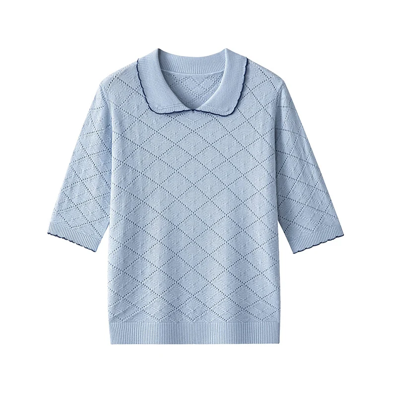 Damen Kurzarm-Feinstrickpullover mit Peter-Pan-Kragen, Ajour-Diamantmuster und feiner Kontrastkante Drune