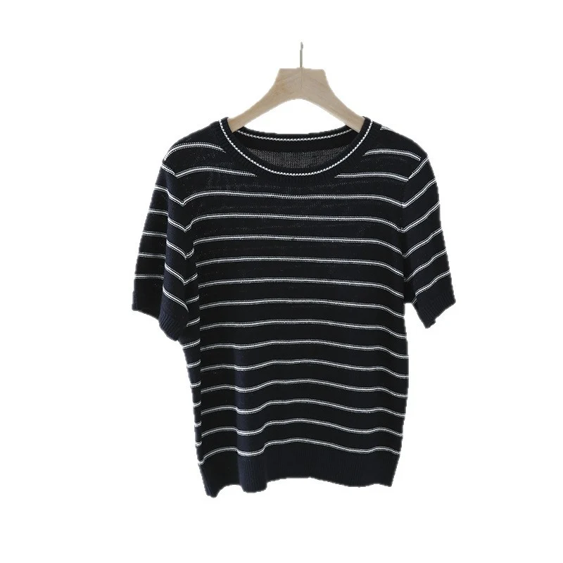 Damen Kurzarm-Feinstrickpullover mit maritimen Streifen Drune
