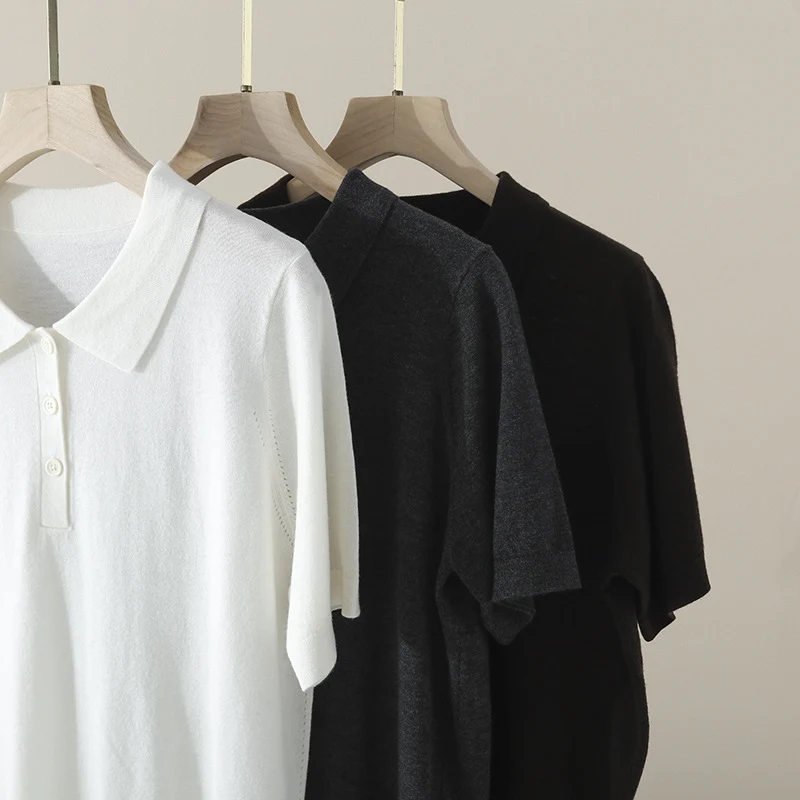 Damen Kurzarm Feinstrick-Poloshirt mit Knopfleiste Drune
