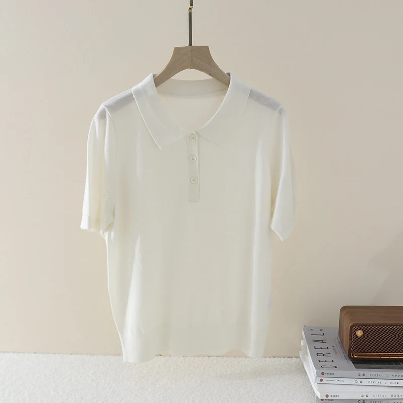 Damen Kurzarm Feinstrick-Poloshirt mit Knopfleiste Drune