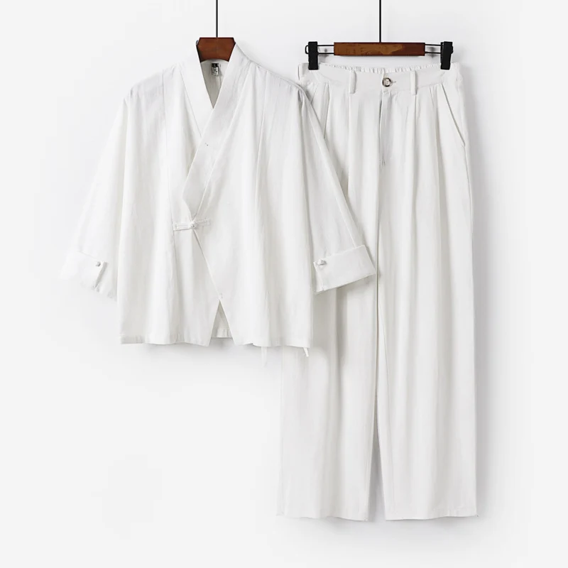 Herren Modernes Zen-Loungewear-Set aus Leichtem Material mit Kurz-Kimono und tailliert-zulaufender Bundhose Drune