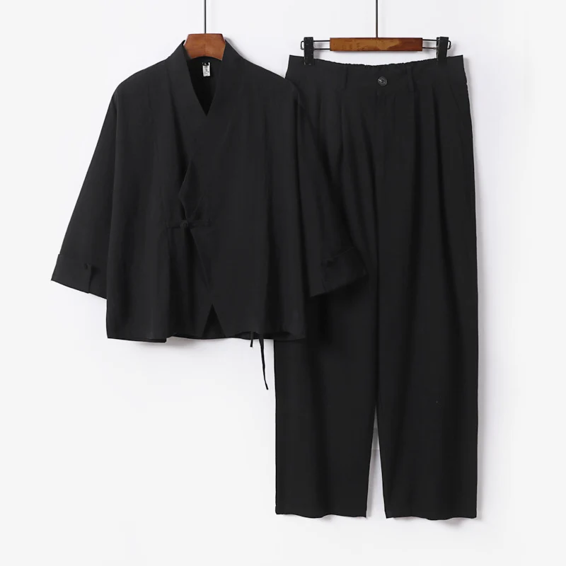 Herren Modernes Zen-Loungewear-Set aus Leichtem Material mit Kurz-Kimono und tailliert-zulaufender Bundhose Drune