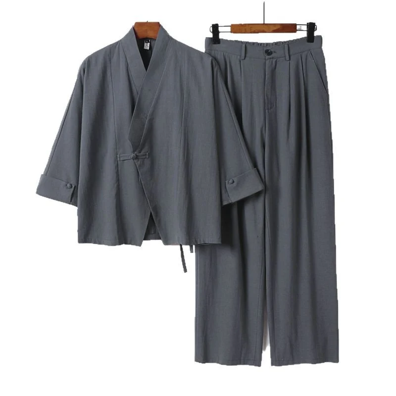 Herren Modernes Zen-Loungewear-Set aus Leichtem Material mit Kurz-Kimono und tailliert-zulaufender Bundhose Drune