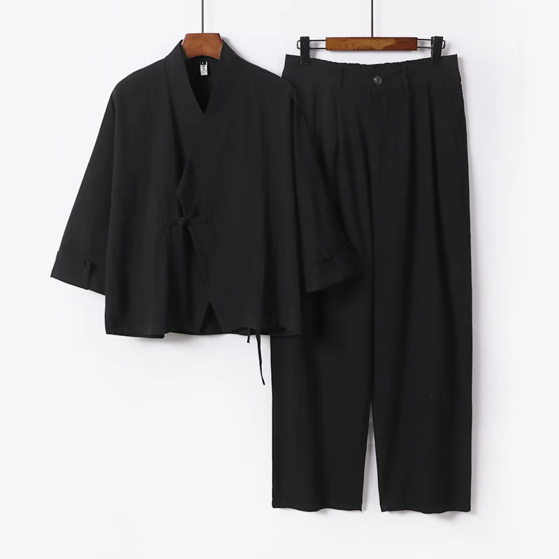 Herren Modernes Zen-Loungewear-Set aus Leichtem Material mit Kurz-Kimono und tailliert-zulaufender Bundhose Drune