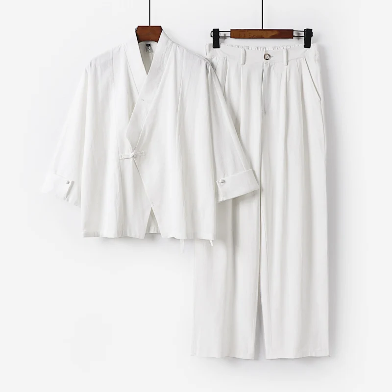 Herren Modernes Zen-Loungewear-Set aus Leichtem Material mit Kurz-Kimono und tailliert-zulaufender Bundhose Drune