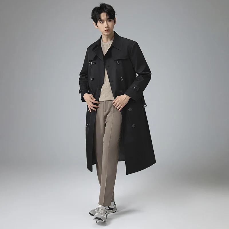 Herren Moderner Tech-Trenchcoat mit Doppelreihiger Knopfleiste, Bindegürtel und dezenten Ringdetails Drune
