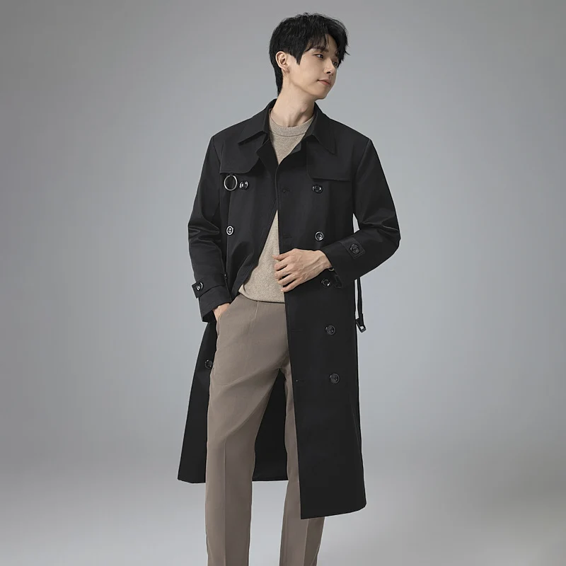Herren Moderner Tech-Trenchcoat mit Doppelreihiger Knopfleiste, Bindegürtel und dezenten Ringdetails Drune